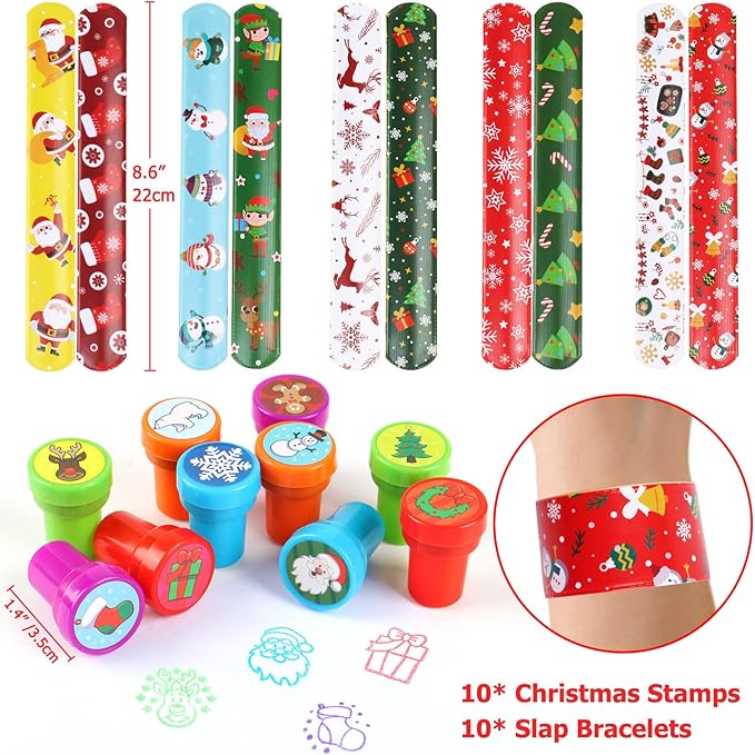70 PCs Christmas Party Favors Kids Party Favor Bags Stamps Slap Bracelets Keychains Rings Bracelets Tattoos Xmas Classroom Gifts Prizes Stocking Stuffers Christmas Favors for Kids