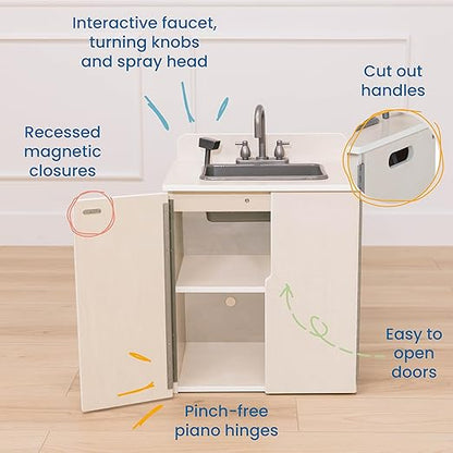 ECR4Kids Play Kitchen Sink, Wooden Playset, White Wash