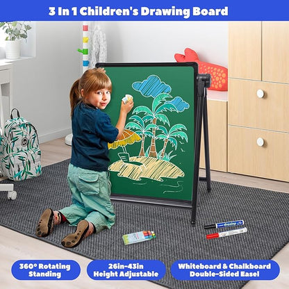Kids Art Easel Double-Sided Easel Designed with Height Adjustable Function & Large Storage Bag Whiteboard & Chalkboard 360°Rotating Kids Drawing Easels for Kids Toddlers (26inch-43inch)