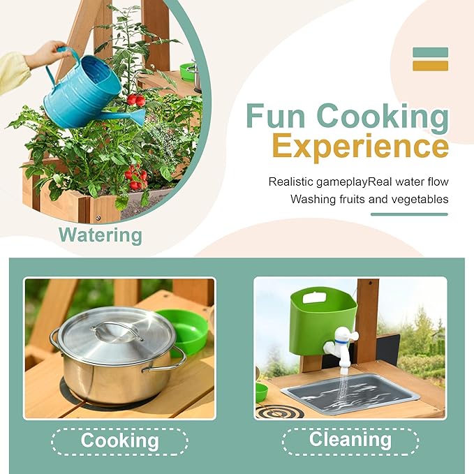 Mud Kitchen for Kids Outdoor, Wood Outdoor Kitchen with Planter Box, Toddler Play Kitchen with Sink, Faucet, Blackboard, Water Cup and Kitchen Accessories for Kids