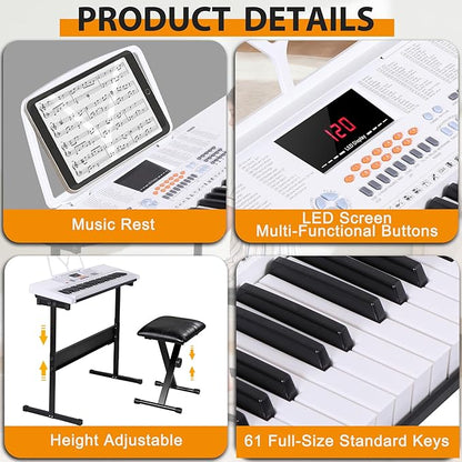 Smartxchoices 61-Key Electronic Keyboard Piano Stand Portable LED Display Keyboard Kit with Adjustable Stand, Adjustable Stool, Headphones, Microphone & Music Rest, White