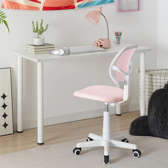 Urban Lifestyle Computer Office Rolling Swivel Task Desk Chair with Mesh Backrest and Caster Wheels,Pink with White Legs