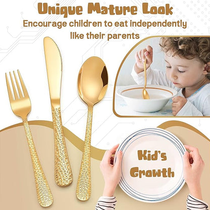HaWare 9-Piece Toddler Kids Silverware Set, Stainless Steel Hammered Flatware, Preschooler Eating Utensils Includes 3 Spoons 3 Forks 3 Knives, Metal Children Cutlery for Home School, Mirror Finished