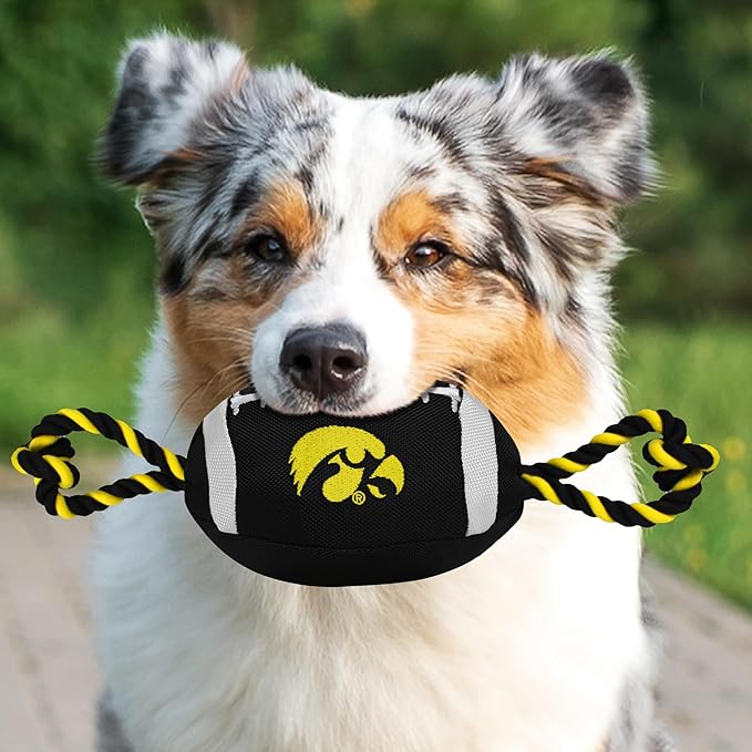 Pets First NCAA Iowa Hawkeyes Football Dog Toy, Tough Quality Nylon Materials, Strong Pull Ropes, Inner Squeaker, Collegiate Team Color