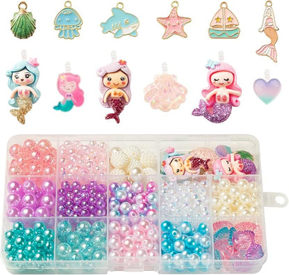 OSNIE Mermaid DIY Bead Jewelry Making Kit for Kids Girls with Jellyfish Shark Heart Starfish Shell Sailboat Pearl Charms Beads for Bracelets Rings Necklaces Creativity Beading Kits Art Craft, 400Pcs+