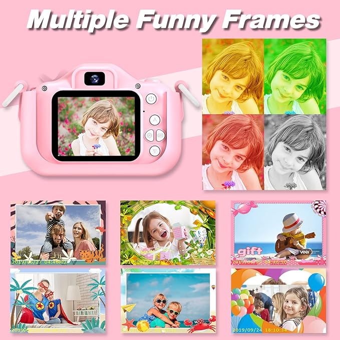Goopow Kids Camera Toys for 3-8 Year Old Girls Boys,Children Digital Video Camcorder Camera with Cartoon Soft Cover, Best Chritmas Birthday Festival Gift for Kids - 32G SD Card Included (Pink-DJS)