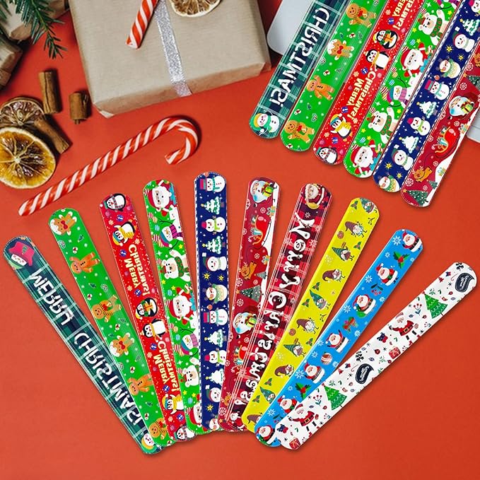 JUNEBRUSHS 56 Pack Christmas Slap Bracelets Xmas Slap Bands Wristband Christmas Party Favors Snap Bracelets Bulk for Christmas Gifts Toys Stocking Stuffers