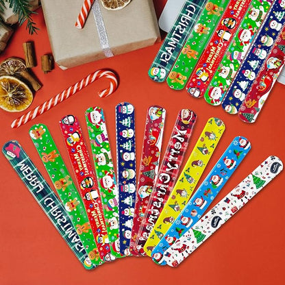 JUNEBRUSHS 56 Pack Christmas Slap Bracelets Xmas Slap Bands Wristband Christmas Party Favors Snap Bracelets Bulk for Christmas Gifts Toys Stocking Stuffers