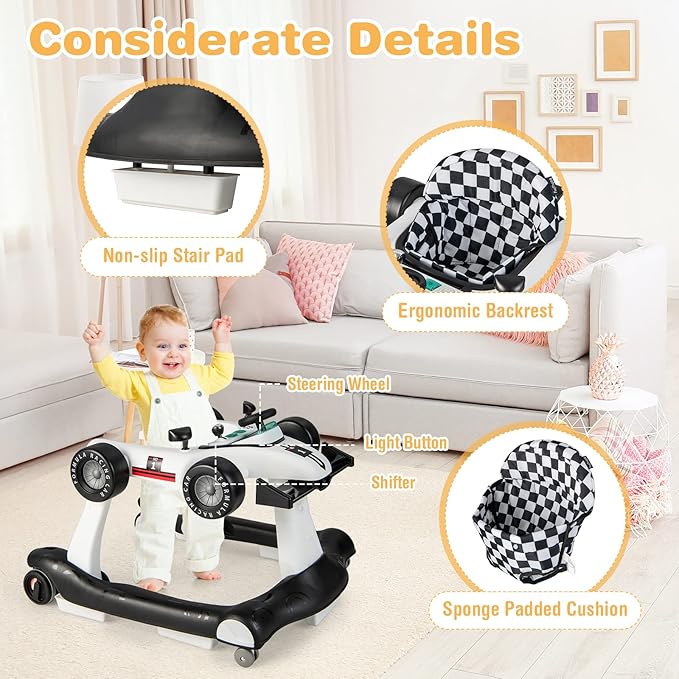 GLACER Foldable Baby Walker, 4-in-1 Infant Walker with Adjustable Height & Speed, Music, Light, Steering Wheel & Washable Cushion, Baby Walker Activity Center for Boys Girls 6 –18 Months (White)