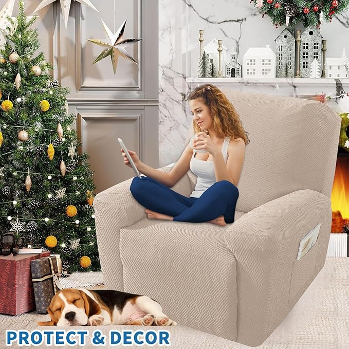 XINEAGE 4 Pieces Recliner Cover Stretch Jacquard Recliner Chair Covers Soft Recliner Slipcovers with Pocket for Kids and Pets, Washable Couch Cover (Recliner, Khaki)