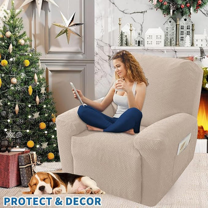 XINEAGE 4 Pieces Recliner Cover Stretch Jacquard Recliner Chair Covers Soft Recliner Slipcovers with Pocket for Kids and Pets, Washable Couch Cover (Recliner, Khaki)