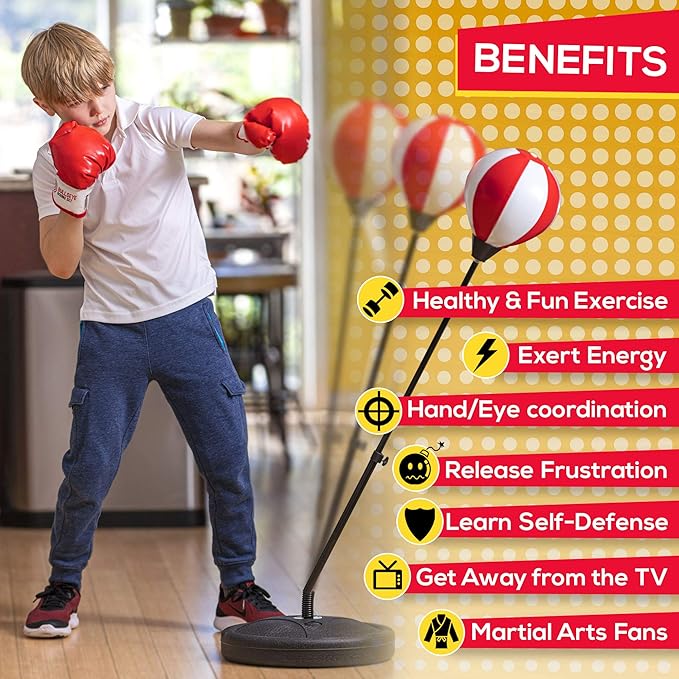 Whoobli Punching Bag for Kids Incl Boxing Gloves | 3-10 Years Old Adjustable Kids Punching Bag with Stand | Boxing Bag Set Toy for Boys & Girls (Red White); New 2025