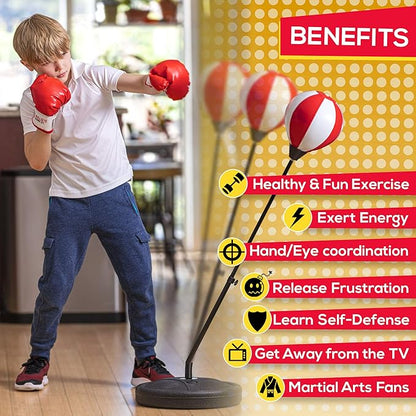 Whoobli Punching Bag for Kids Incl Boxing Gloves | 3-10 Years Old Adjustable Kids Punching Bag with Stand | Boxing Bag Set Toy for Boys & Girls (Red White); New 2025