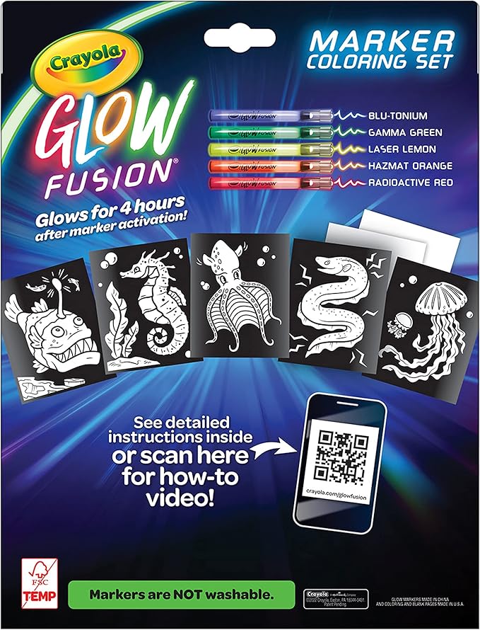 Crayola Glow Fusion - Deep Sea Critters (12pcs), Glow in the Dark Markers, Sea Creature Coloring Pages, Gift for Boys & Girls, Ages 8+