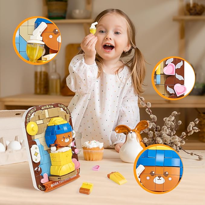 Cute 3D Painting Anime Toy Building Sets,Model Building Kits for Kids Adults,Boba Tea and Bear Building Blocks Sets ,Famous Art Sets for Women,Birthday Gifts for Kids(393+ Pieces Bricks)