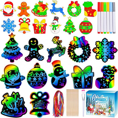 Garma 72Pcs Christmas Crafts Scratch Art for Kids, Rainbow Scratch Paper Christmas Ornaments Crafts Christmas Party Favors Toys Xmas Tree Ornaments Hanging Craft Art Kits