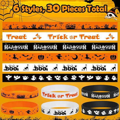 Halloween Rubber Bracelets 30 PCS Bulk Halloween Party Favors Supplies Silicone Wristbands for Halloween Gifts Toys Goodie Bag Fillers Stuff Classroom Prizes for Kids Teens Girls Boys