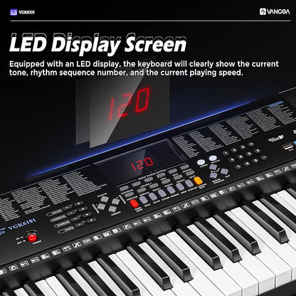 Vangoa 61 Key Keyboard Piano, Light-Up Electric Piano Keyboard Kit with 600 Voices, 400 Rhythms with Piano Stand, Microphone, Recording/USB, Gift for Beginners, Black (VGK6101)