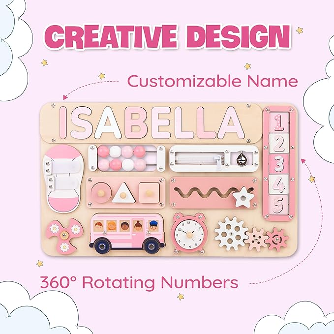 KALOTOYS Personalized Large Busy Board for Toddlers - Montessori Busy Board - Montessori Toys for 1 Year Old Baby Boys Girls - Sensory Toys for Toddlers 1-3 - Peronalized Baby Gift
