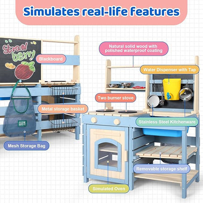 2 in 1 Wooden Mud Kitchen, Outdoor Play Kitchen with Removable Sink,Water Box & Faucet,Stove Top, Storage Bags& Metal Basket,Kitchen & Grocery Store Backyard Outdoor Pretend Kitchen for Kids