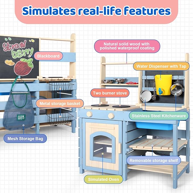 2 in 1 Wooden Mud Kitchen, Outdoor Play Kitchen with Removable Sink,Water Box & Faucet,Stove Top, Storage Bags& Metal Basket,Kitchen & Grocery Store Backyard Outdoor Pretend Kitchen for Kids