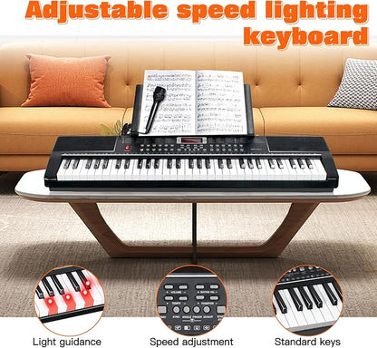 AQNIEGEP 61 Key Electric Keyboard Piano for Beginners w/Light-Up Keys, Gifts, Full Set: Stand, Bench, Headphones, Padded Bag, Note Stickers, 70 Demos, 200 Rhythms/Tones, LED Display
