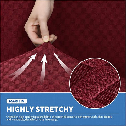 MAXIJIN 4 Piece Jacquard Extra Large Couch Covers for 3 Cushion Couch Super Stretch Non Slip Couch Cover for Dogs Pet Friendly Sofa Slipcover Furniture Protector (Oversized Sofa, Wine Red)
