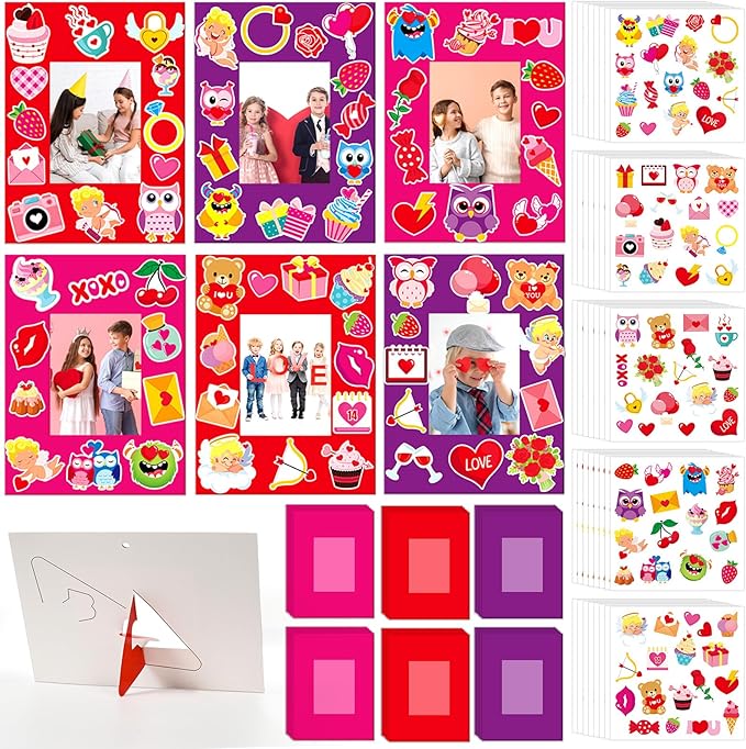 Qyeahkj 48 Pack Valentines Day Picture Frame Craft Kits Valentine 's Day Craft Arts Decoration Valentines DIY Photo Frame Crafts for Kids with Easel for Fun Home Class Kindergarten Party Activity