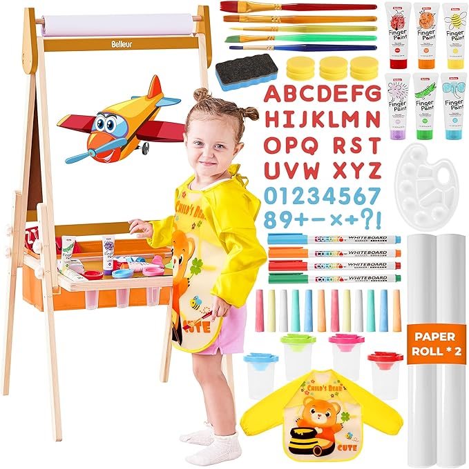 All-in-One Art Easel for Kids with 2 Paper Rolls & Deluxe Accessories, Adjustable Magnetic Double Sided Whiteboard & Chalkboard, Painting Kid Easel for Toddlers 2-8, Ideal Christmas Gift