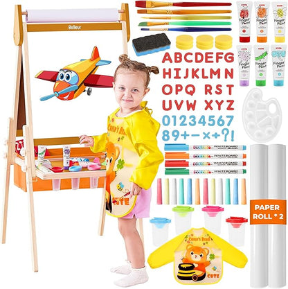 All-in-One Art Easel for Kids with 2 Paper Rolls & Deluxe Accessories, Adjustable Magnetic Double Sided Whiteboard & Chalkboard, Painting Kid Easel for Toddlers 2-8, Ideal Christmas Gift