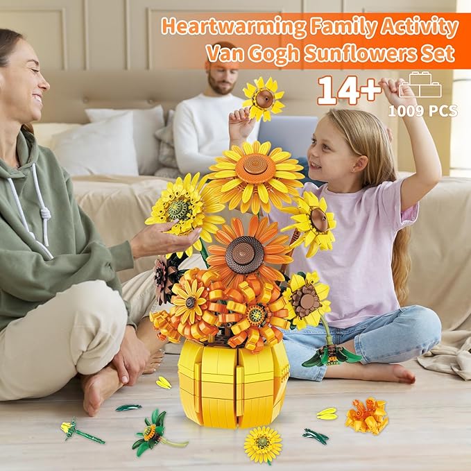 Flowers Sunflower Building Sets for Adults, Van Gogh Prints Art Botanical Collection for Woman Girls 14+, Artificial Pot Bouquet Plants Kits, Home Decor/Christmas/Valentine/Thanksgiving Birthday Gifts