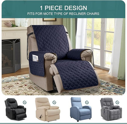 Ruaozz 100% Waterproof Recliner Chair Cover Non-Slip Oversized Reclining Cover for Large Recliner Chair Washable Chair Seat Cover with Elastic Straps for Kids, Dogs, Pets (Dark Blue, 28'')