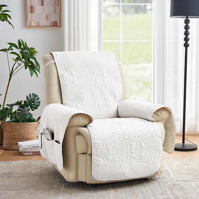Quilted Recliner Chair Covers, Water-Repellent Recliner Slipcovers, White Recliner Covers Stay in Place, Pet Friendly Recliner Cover for Dogs, Washable Chair Protector (Recliner 22", White)