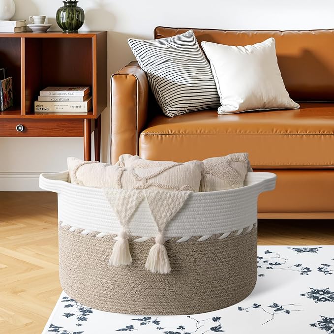OIAHOMY 105L Blanket Basket for Living Room, Large Basket 23.6" x 23.6" x 14.6" with Handle, Laundry Hamper for Blankets, Pillows, Toy Storage for Kids, Dogs - Light Brown & White