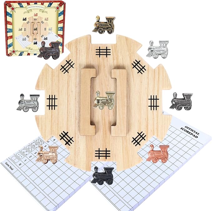 GOTHINK Mexican Train Dominoes Accessories Set - Mexican Train Dominoes Game for Adults & Family, 6.3-Inch Wooden Mexican Train Hub up with Felted Bottom, 9 Metal Train Markers, 100-Sheet Score Pads