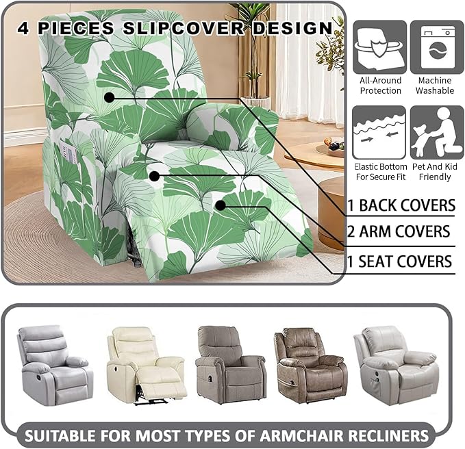 CRFATOP Printed Recliner Slipcover Stretch Reclining Chair Covers 4 Pieces Non Slip Recliner Sofa Slipcovers with Pocket Fitted Sofa Couch Cover Lazy Boy Chair Cover for Pet Kid Living Room,20
