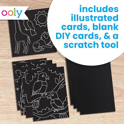 Ooly Scratch & Scribble 10pc Art Kit with 8 Total Scratch Cards (4 Illustrated, 2 Blank, 2 Rainbow) with Scratching Tool and Sparkled Stickers, Art Set Gifts for Kids - Colorful Safari