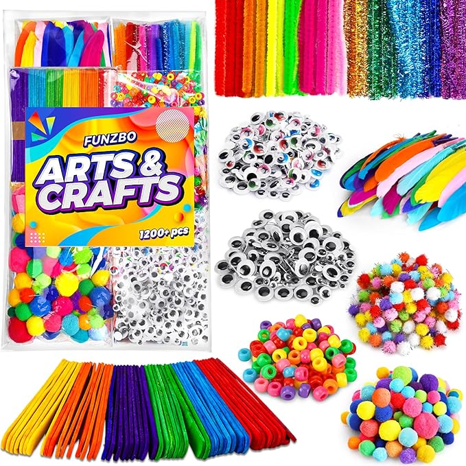 FUNZBO 1200pcs+ Arts and Crafts Supplies for Kids- Craft Kits with St Patricks Day Pipe Cleaners, Pom Poms for Crafts, Popsicle Sticks for Crafts, Crafts for Kids Ages 4-8 Girls & Boys