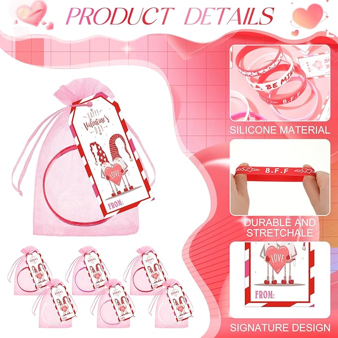 Liliful 24 Set Valentine's Day Classroom Gifts for Kids, 24 Pink Red Love Heart Silicone Wristbands with Cards and Organza Bags for Students Exchange Gift Valentine Party Favors Goodie Bag Stuffers