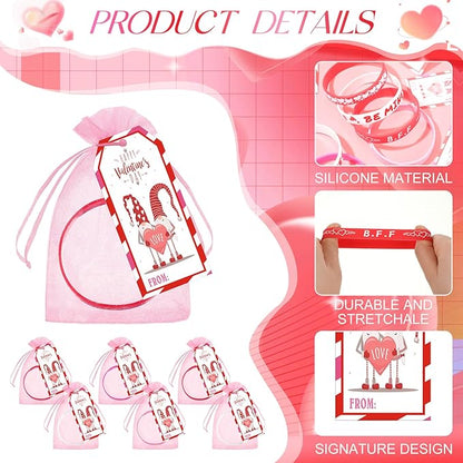 Liliful 24 Set Valentine's Day Classroom Gifts for Kids, 24 Pink Red Love Heart Silicone Wristbands with Cards and Organza Bags for Students Exchange Gift Valentine Party Favors Goodie Bag Stuffers