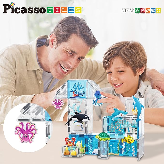 PicassoTiles Magnet Tile Building Blocks 8 Marine Animal Action Figures Compatible Magnetic Accessory Playset Tiles Kids Toys STEM Educational Learning Preschool Toddler Girls Boys Age 3+ PTA25