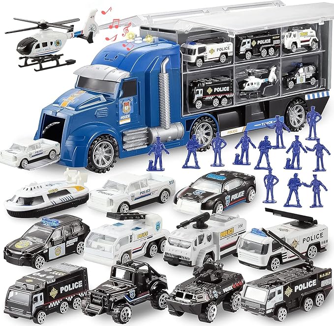 JOYIN 25 in 1 Police Rescue Truck Car Toy Set with Sounds and Lights, Mini Vehicles in Carrier Truck, Play Police Patrol Rescue Vehicle Toy, Birthday Gifts for Over 3 Years Old Boys, Easter Basket
