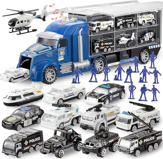 JOYIN 25 in 1 Police Rescue Truck Car Toy Set with Sounds and Lights, Mini Vehicles in Carrier Truck, Play Police Patrol Rescue Vehicle Toy, Birthday Gifts for Over 3 Years Old Boys, Easter Basket