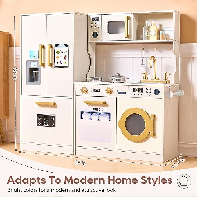 Kids Kitchen Playset with Realistic Design, Luxury Play Kitchen with Extended Storage Cabinets, Toy Kitchen for Toddlers with Coffee Counter, Cookware Accessories, Oven, Microwave (White)