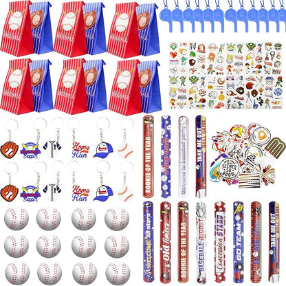 122 PCS Baseball Party Favors, Baseball Party Gifts with Mini Baseballs, Baseball Slap Bracelets, Key Chains, Whistles, Tattoos and Stickers, Baseball Birthday Decorations