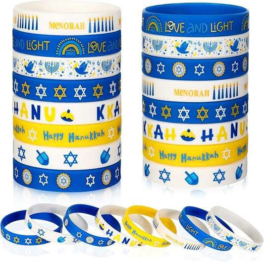 JUNEBRUSHS 24Pcs Hanukkah Silicone Rubber Wristbands Bracelets for Hanukkah Decorations Party Favors Jewish Holiday Kids Goodie Bag Fillers Supplies(8 Designs)