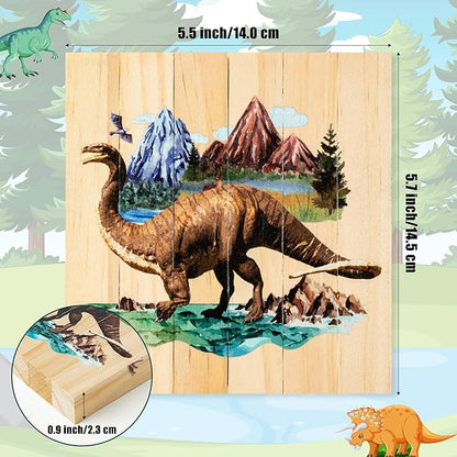 CJiangpo Wooden Dinosaur Chunky Puzzles - 4 in 1 Woodland Dinosaur Puzzle Blocks Sensory Toys for Toddlers 2+ Years, Realistic Animals Building Block Stacking Educational Toy Game for Boy Girl