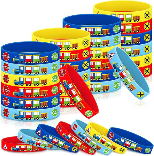 24 Train Silicone Wristbands Railroad Steam Train Silicone Bracelet Train Party Favors Train Birthday Party Supplies Train Birthday Decorations Transportation Traffic Sign Wrist Bands for