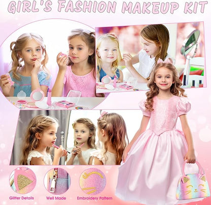 Kids Makeup Kit for Girl, Kids Washable Makeup Girls Toys, Girls Makeup Kit for Kids with Cute Cat Bag, Real Make up Set for Kid Little Girls Toddlers Princess Christmas Birthday Gifts Age 3-6-8-10-12