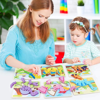 SYNARRY 6 Pack Dinosaur Wooden Puzzles for Kids 3-5, Wooden Puzzles for Toddlers, Dinosaur Puzzles for Toddlers 3 4 5 Year Old, 3D Dinosaur Puzzles Educational Preschool Toys for Boys and Girls